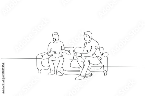 Continuous line art of two persons engaged in gossip. Gossiping concept art.
