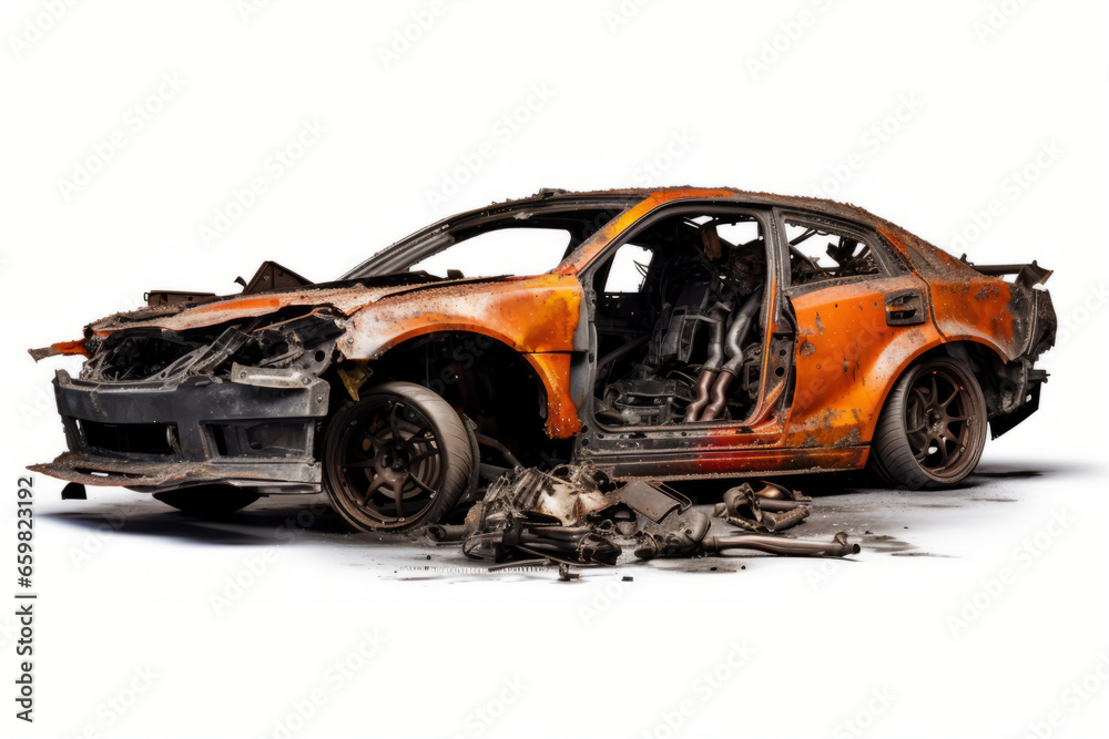 An AI generated image of a destroyed car isolated on white background. An AI generated image of a destroyed car isolated on white background.
