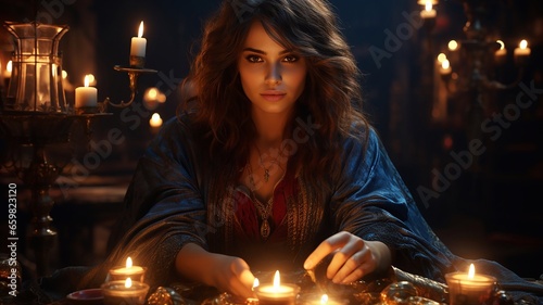 Mystical fortune teller: girl practicing magic and predictions. Black magic. AI