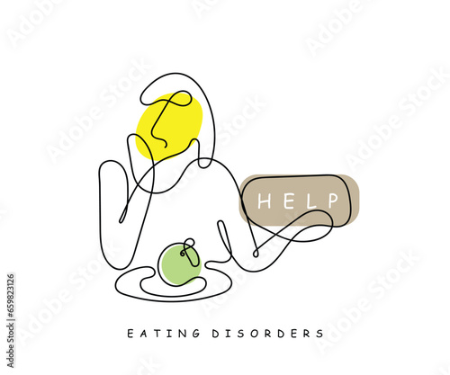 Line art vector of a people or person suffering from eating disorder. Girls mental health. Eating disorder awareness.