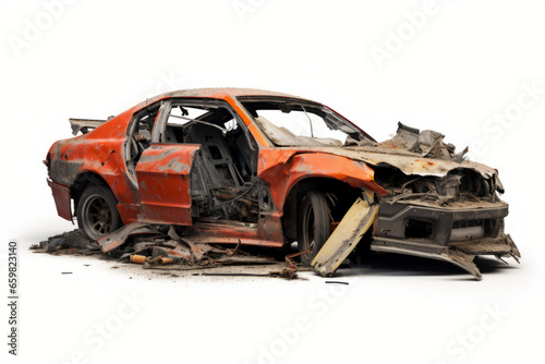 An AI generated image of a destroyed car isolated on white background. photo