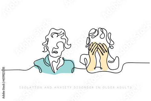 Older adults and mental health line art vector. Elderly concept art.