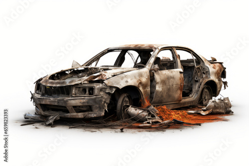 An AI generated image of a destroyed car isolated on white background. photo