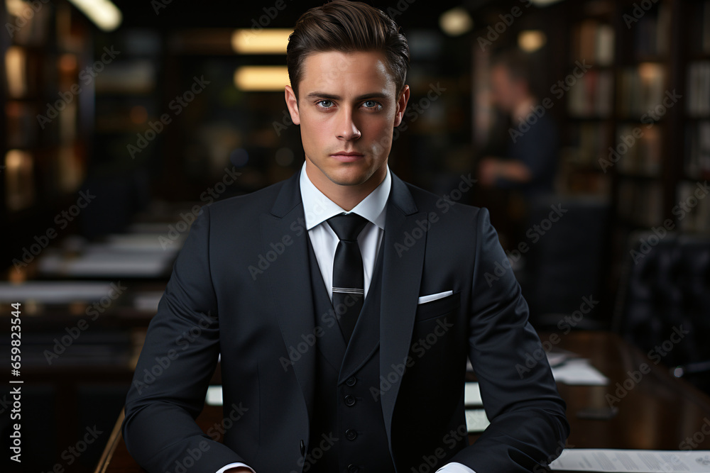 Portrait of a male leader in an office room at a table, successful and confident male entrepreneur in a business suit, businessman at work Portrait of a male leader in an office room at a table, successful and confident male entrepreneur in a business suit, businessman at work