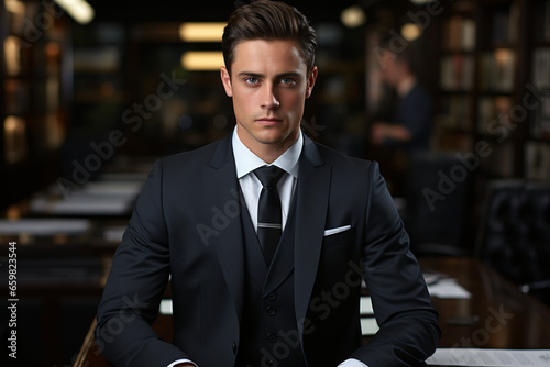 Portrait of a male leader in an office room at a table, successful and confident male entrepreneur in a business suit, businessman at work