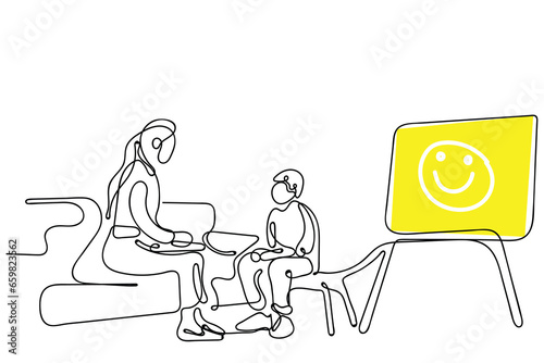 Continuous line art vector of a kids therapist. Child therapy concept art. School Counselor. Poster or postcard doodle art. professional help for autism awareness art.