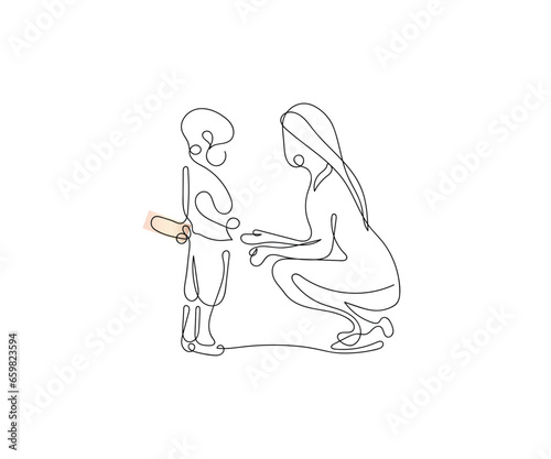 Continuous line art vector of a kids therapist. Child therapy concept art. School Counselor. Poster or postcard doodle art. professional help for autism awareness art.