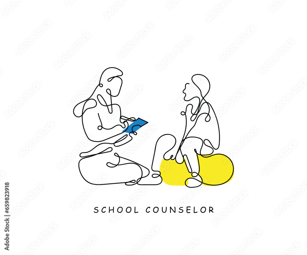 Continuous line art of a school counselor in a session with a kid. School teacher line art.