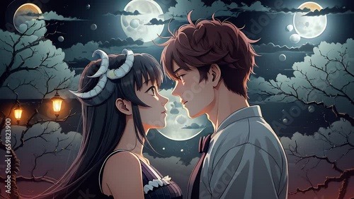Two lovers meet only by moonlight in the style of anime cartoon created with the help of artificial intelligence. AI generative.