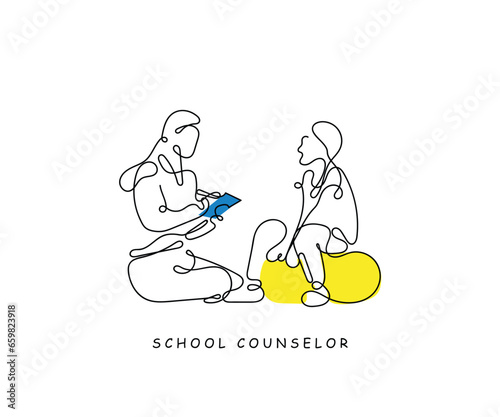 Continuous line art of a school counselor in a session with a kid. School teacher line art.