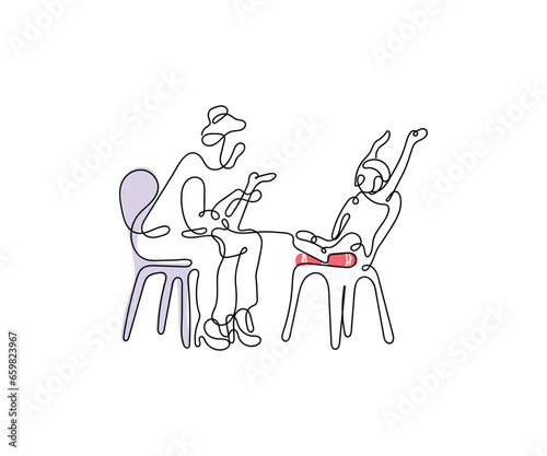 Continuous line art of a school counselor in a session with a kid. School teacher line art.