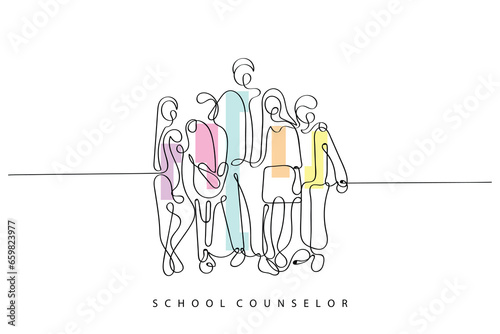 Continuous line art of a school counselor in a session with a kid. School teacher line art.