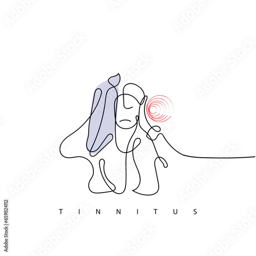 Line art vector of a person suffering from tinnitus. Ringing ears. Tinnitus awareness.