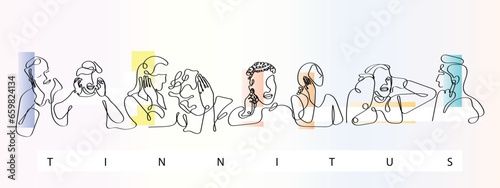 Line art vector of a person suffering from tinnitus. Ringing ears. Tinnitus awareness.