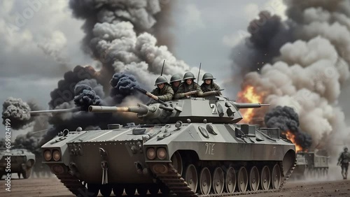 Tank with tankers among smoke and fire, war illustration photo