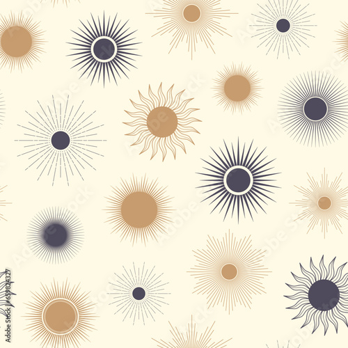 Hand drawn seamless pattern of Sun, sunburst, starburst, light rays, bursting sun rays. Magic talisman, antique style, boho. Vector illustration for greeting card, wallpaper, wrapping paper, fabric