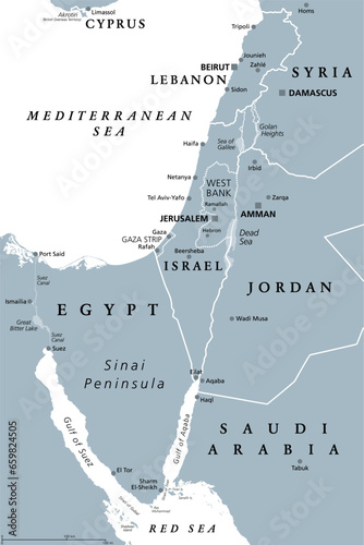 Israel and the Sinai Peninsula, gray political map. The Southern Levant, a geographical and historical region, encompassing Israel, Palestine, Jordan, Lebanon, southern Syria and the Sinai Peninsula.