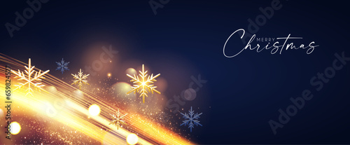 Merry Christmas shining celeration with motion light and gold snowflakes.