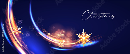 Merry Christmas shining celeration with motion light and gold snowflakes.