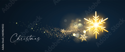Merry Christmas shining celeration with motion light and gold snowflakes.