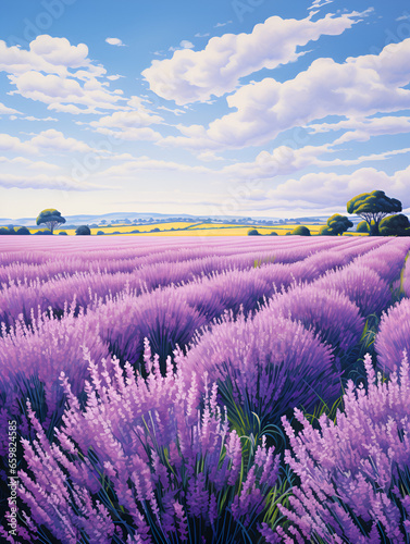 Illustration of purple lavender field at sunset