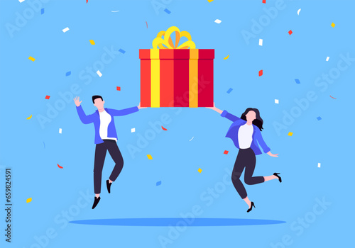 Earn loyalty program points, get online reward and gifts. Get loyalty card and customer service business concept flat design vector illustration. Tiny people won big gift box prize.
