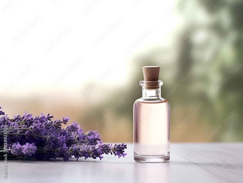A small bottle with natural lavender oil on white table, blurred background A small bottle with natural lavender oil on white table, blurred background