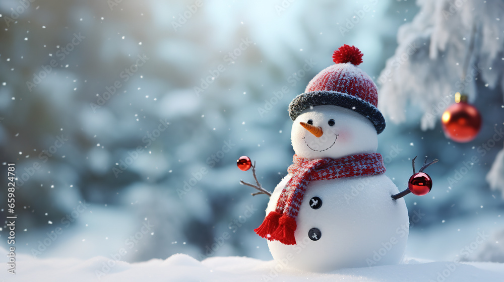 Christmas snow man in snow winter background