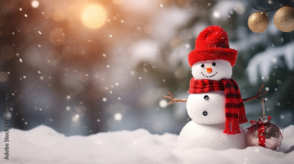 Christmas snow man in snow winter background