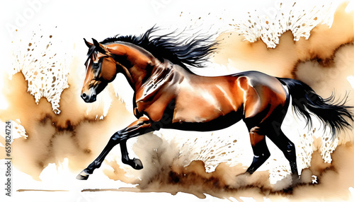 Valokuva A brown horse galloping in watercolor art, mane flowing.
