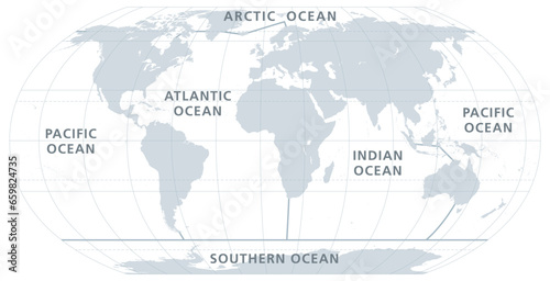 The five oceans of the world, gray map. Model of oceanic divisions with approximate boundaries. Pacific, Atlantic, Indian, Arctic, and Southern or Antarctic Ocean. World oceans, bodies of salt water.