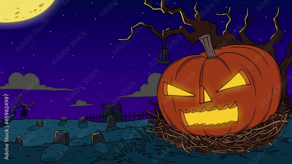 Halloween Pumpkin In The Grave Yard On A Nest