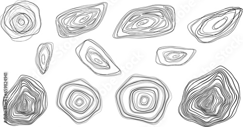 Set of irregular organic shapeless concentric linear elements. Topography uneven circles and ellipses. Abstract tree rings.