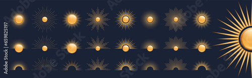 Hand drawn set of 3d glossy golden Sun, sunburst, starburst, light rays. Bohemian symbol bursting sun rays. Magic talisman, antique style, boho. Vector illustration isolated on blue background