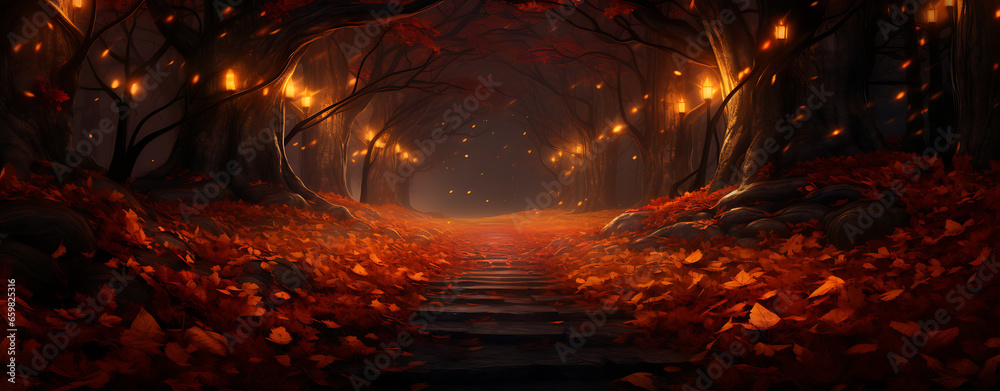 A carpet of fiery orange and crimson leaves covers the ground, creating a warm and cozy atmosphere that's perfect for the autumn season A carpet of fiery orange and crimson leaves covers the ground, creating a warm and cozy atmosphere that's perfect for the autumn season