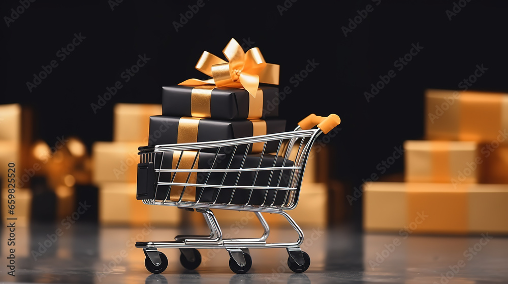 Black Friday Sale and Online Shopping Concepts, Mini Shopping Cart Carrying With Multi Black and gold Gift Box