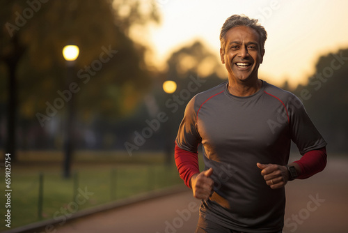 Indian man jogging early morning at park photo