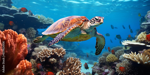 Sea turtle surrounded by colorful fish underwater