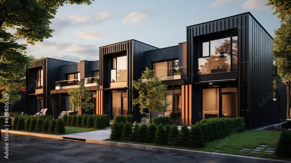 Modern modular private black townhouses. Residential architecture exterior