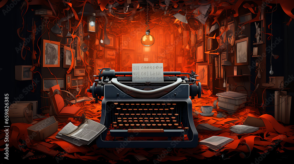 an imaginative portrayal of an author at a typewriter, with words and sentences flowing out of the machine and filling the room, celebrating the creativity and storytelling in literature - obrazy, fototapety, plakaty 