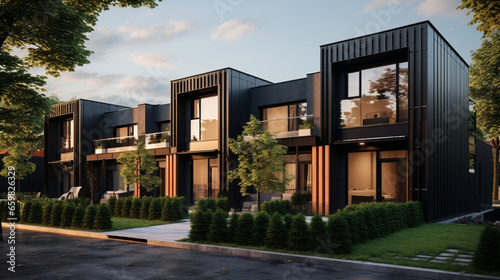 Modern modular private black townhouses. Residential architecture exterior