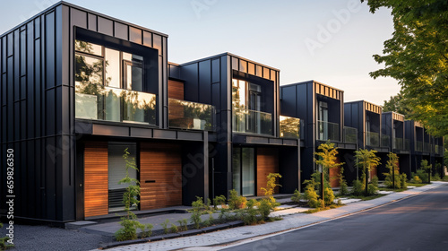 Modern modular private black townhouses. Residential architecture exterior © Katrin_Primak