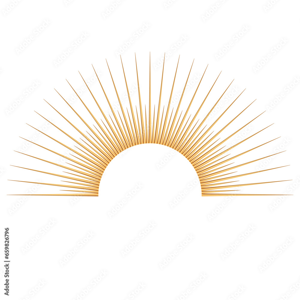 Hand drawn 3d glossy golden sunburst, starburst, light rays. Bohemian symbol bursting sun rays. Magic talisman, antique style, boho, logo. Vector illustration isolated on white background