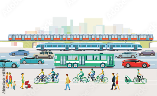 Stadtsilhouette einer Stadt mit Verkehr und Menschen,  illustration © scusi