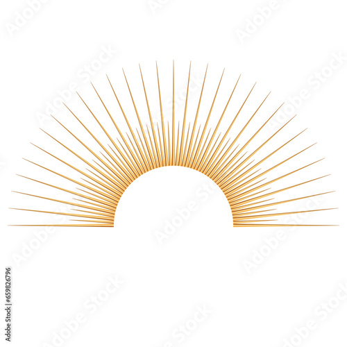 Hand drawn 3d glossy golden sunburst, starburst, light rays. Bohemian symbol bursting sun rays. Magic talisman, antique style, boho, logo. Vector illustration isolated on white background