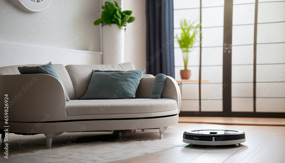 Fototapeta premium robot vacuum cleaner cleans the living room floor with sofa