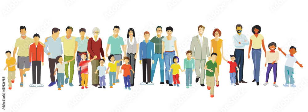 Eine große Gruppe von Eltern mit Kindern, isoliert illustration Eine große Gruppe von Eltern mit Kindern, isoliert illustration
