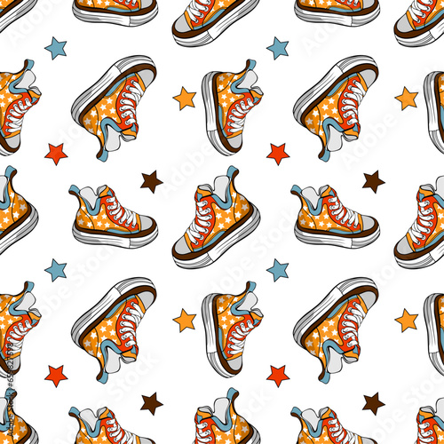  seamless patterns with sneakers and heart, stars. seamless pattern with hand drawn elements 70s