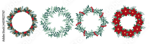 Christmas wreath with poinsettia, leaves, branches, berries, holly, pine cone. Winter floral collection. Vector frame, arrangement. Hand drawn Happy New Year illustration isolated on white background