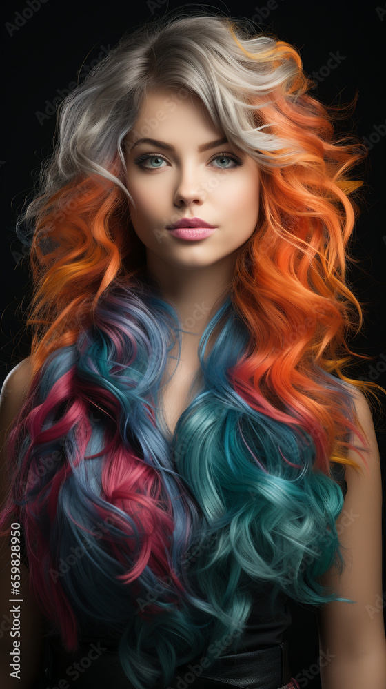 Modella con capelli colorati. Ai generated. Modella con capelli colorati. Ai generated.